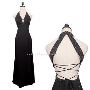 Vintage Livas Prom Dress Maxi Gown Size 4 Black Y2K Corset Bead Glam Halter Vamp